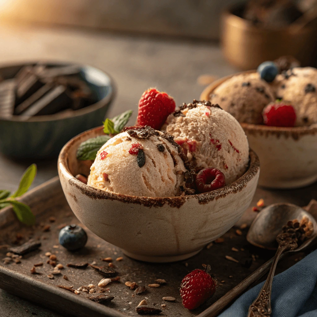 Homemade Journeyman ice cream in a bowl with fresh toppings