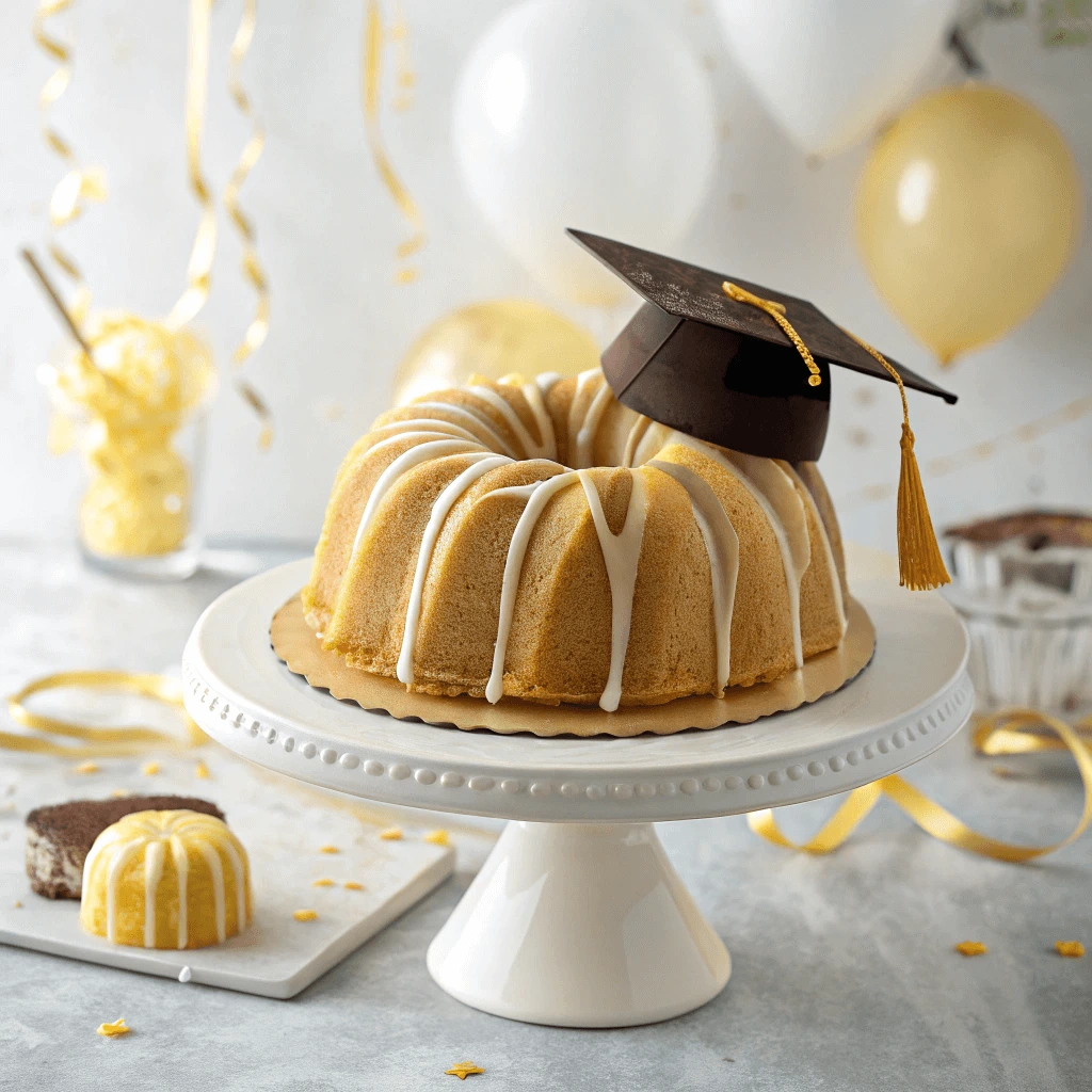 Graduation bundt cake decorated with a ribbon and chocolate graduation cap