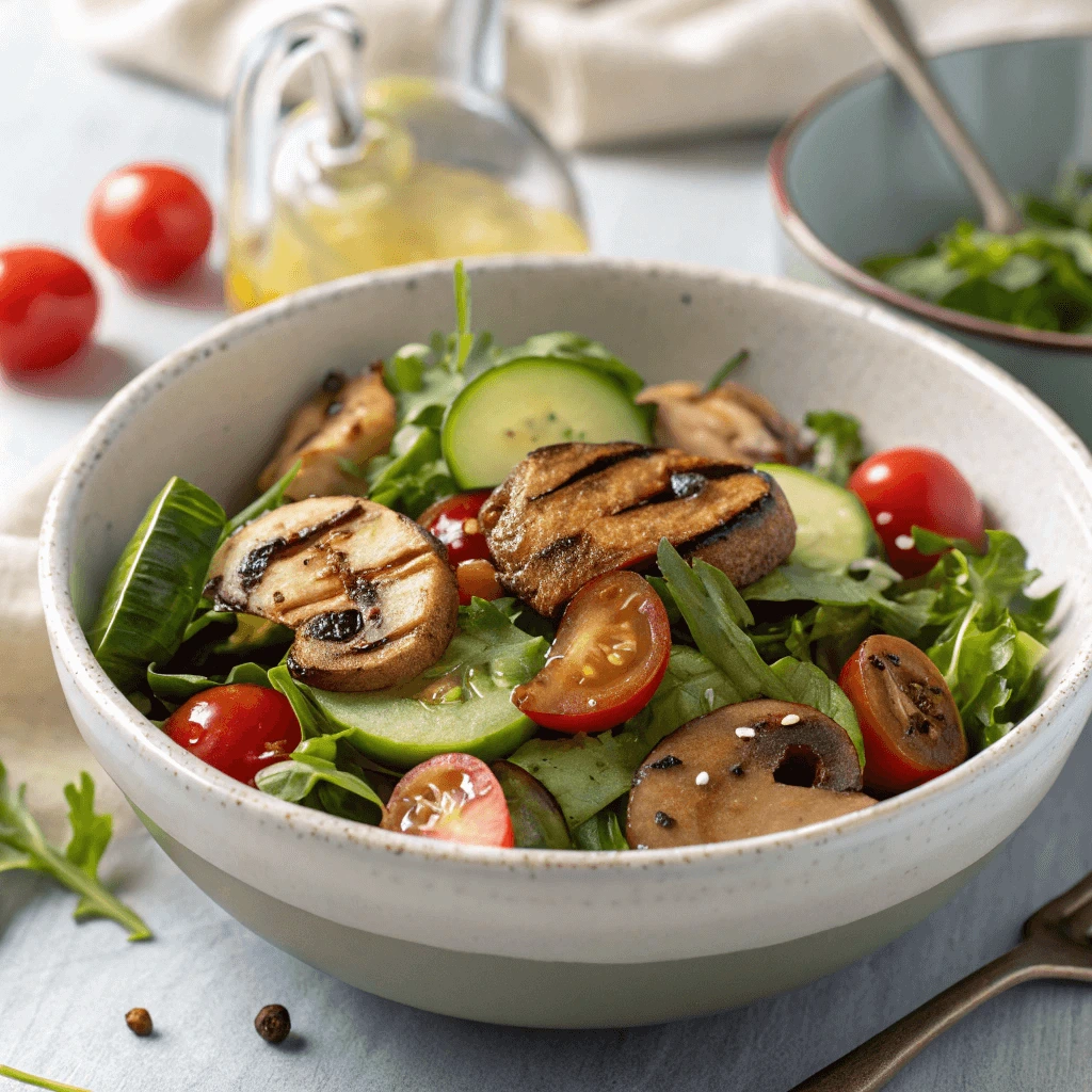 Grilled button mushroom salad on a plate with fresh greens