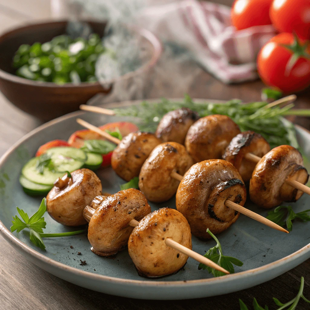 Grilled button mushroom skewers with vegetables on the grill