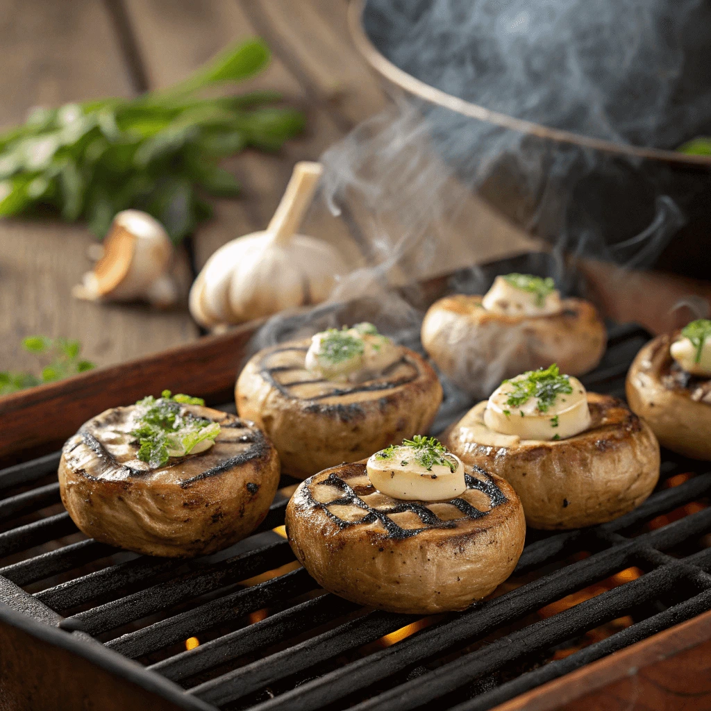 Grilled button mushrooms on a barbecue grill.