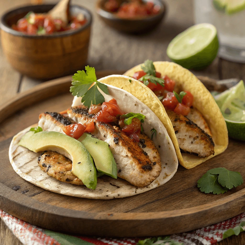Close-up of grilled chicken super tacos with avocado and salsa