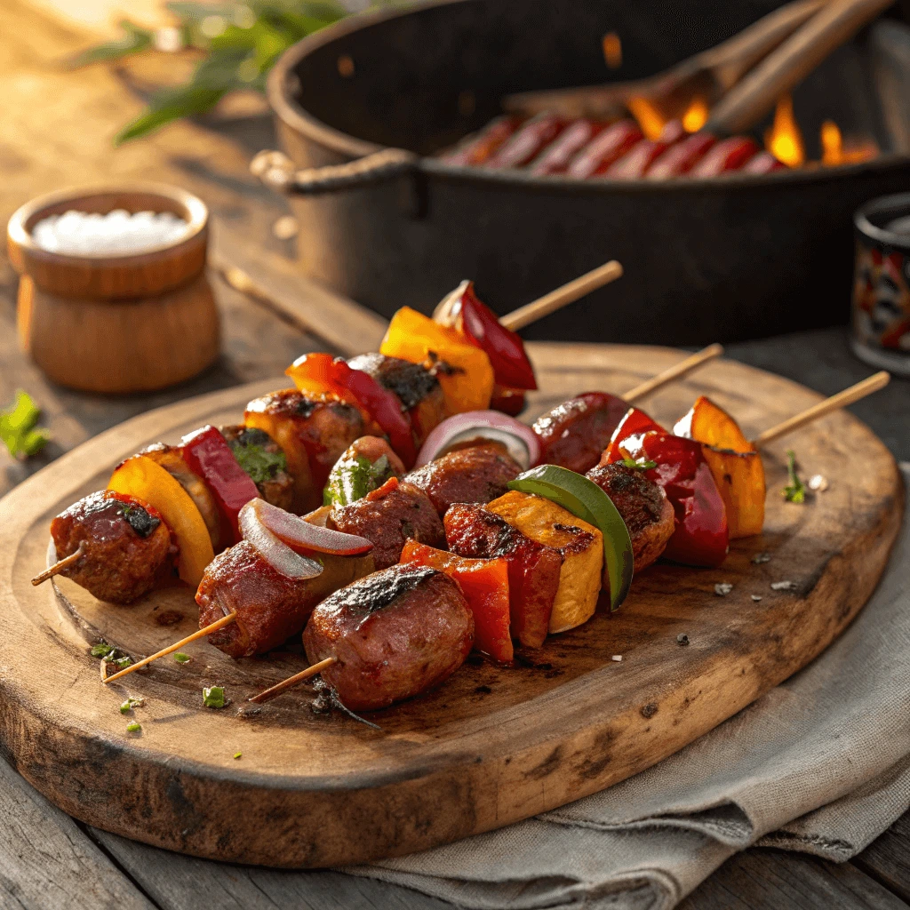 Grilled summer sausage skewers with colorful vegetables.