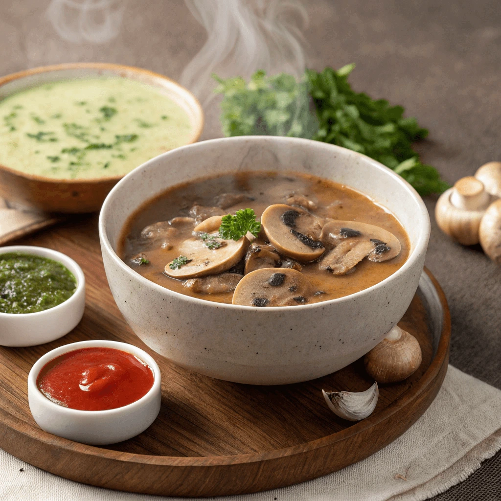 Healthy button mushroom soup with creamy sauce, a nutritious and comforting dish