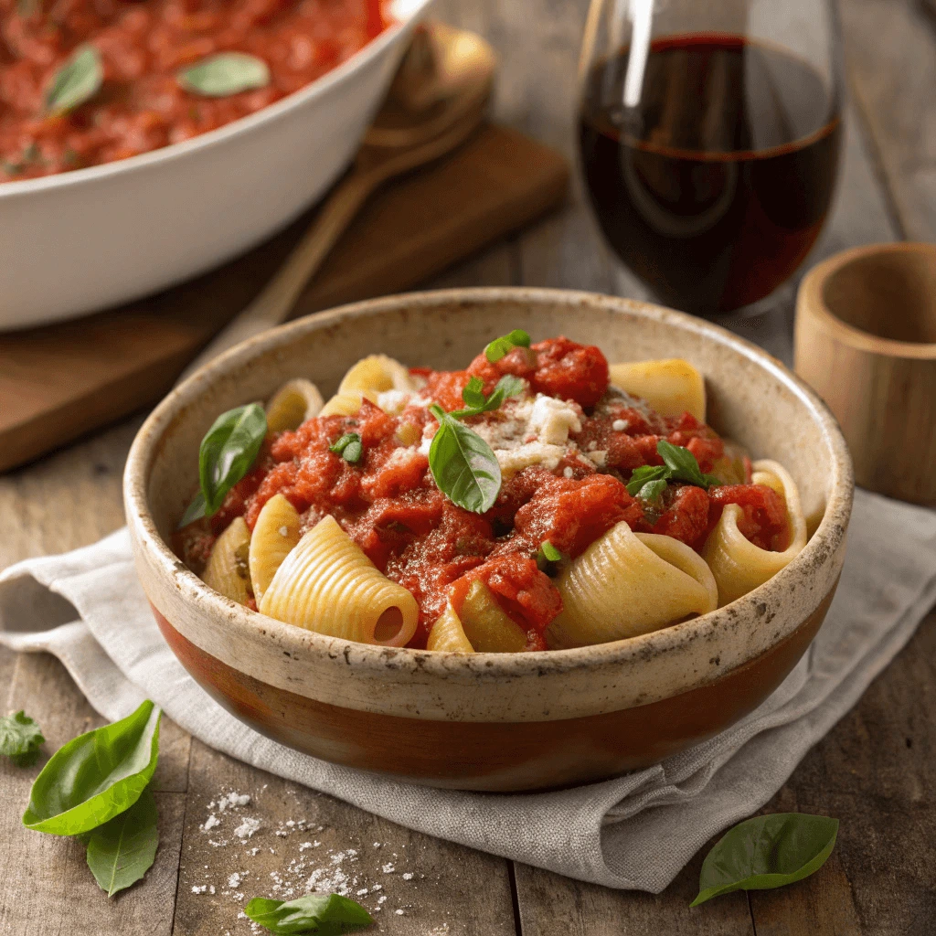 Lumache pasta in a bowl of chunky marinara sauce with herbs.