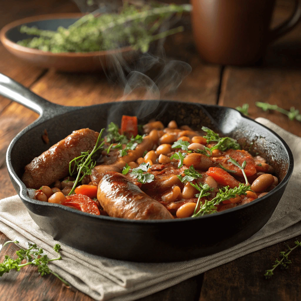 Sausage and bean skillet meal with fresh herbs.