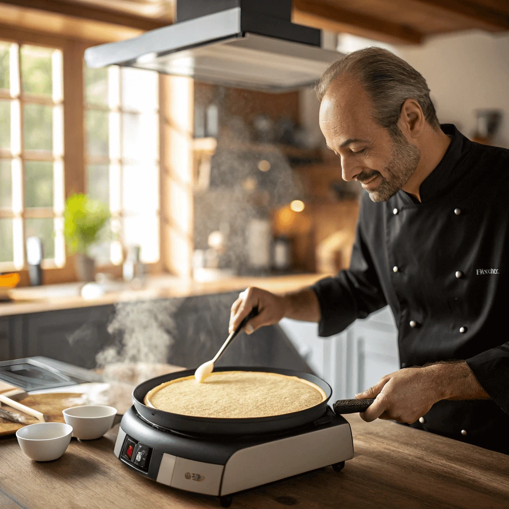 Home chef flipping a crepe in a non-stick crepe pan.