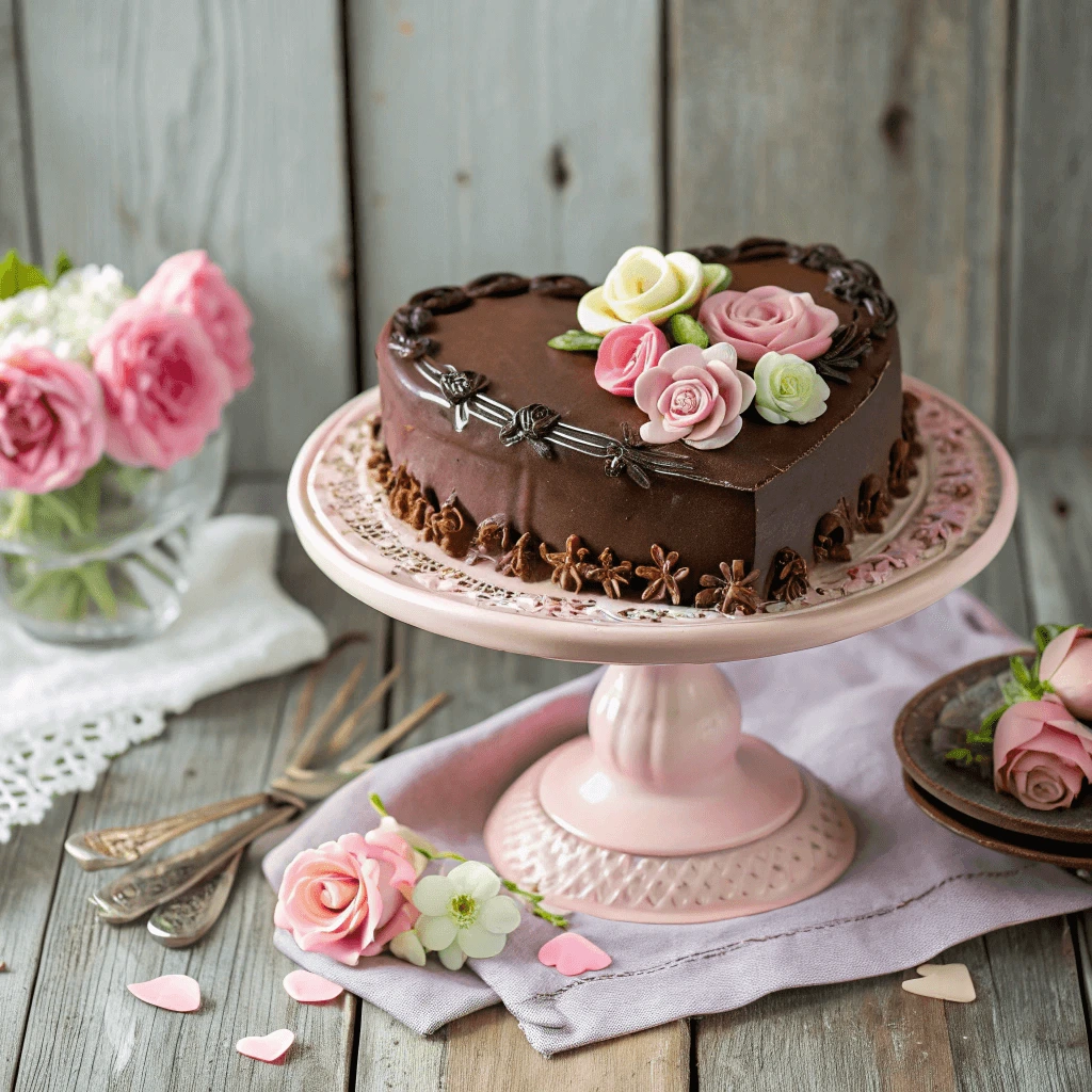 Homemade heart-shaped chocolate cake with fondant flowers