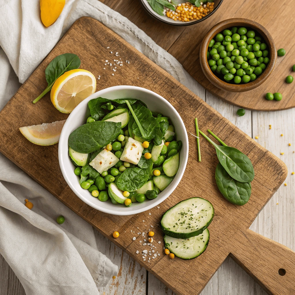 Homemade veggie-based DIY fish food blend with spinach, zucchini, and peas on a wooden cutting board.