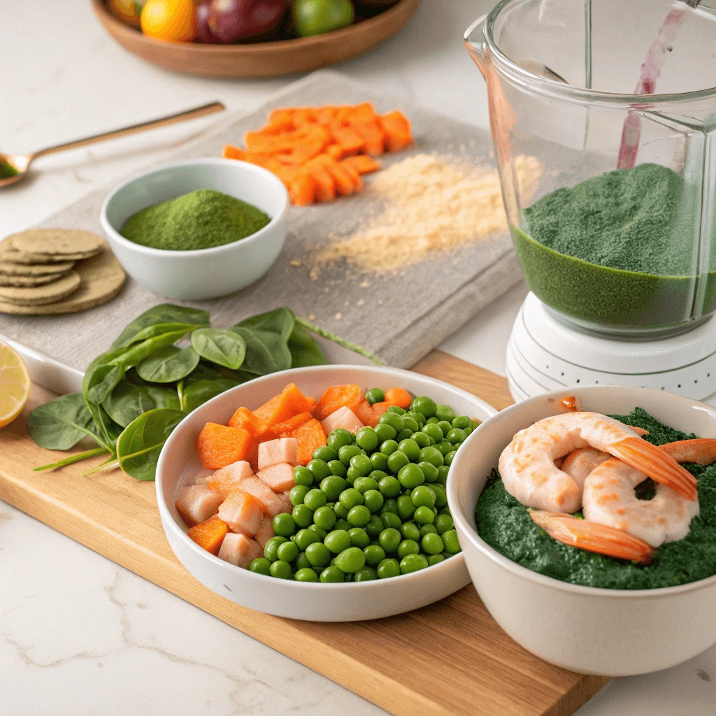 Homemade fish food for tropical fish in preparation