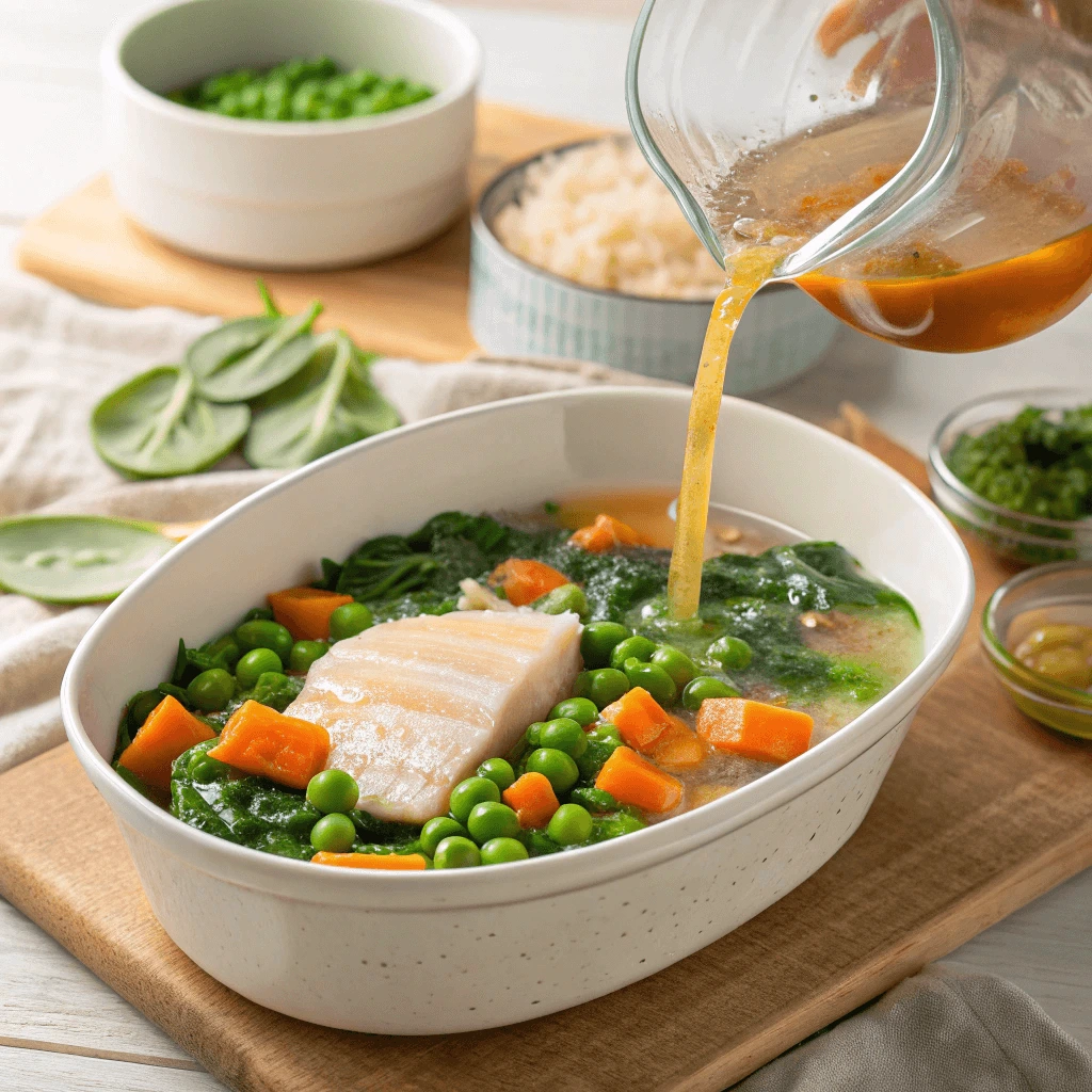 A homemade gelatin-based fish food recipe being prepared in a kitchen.