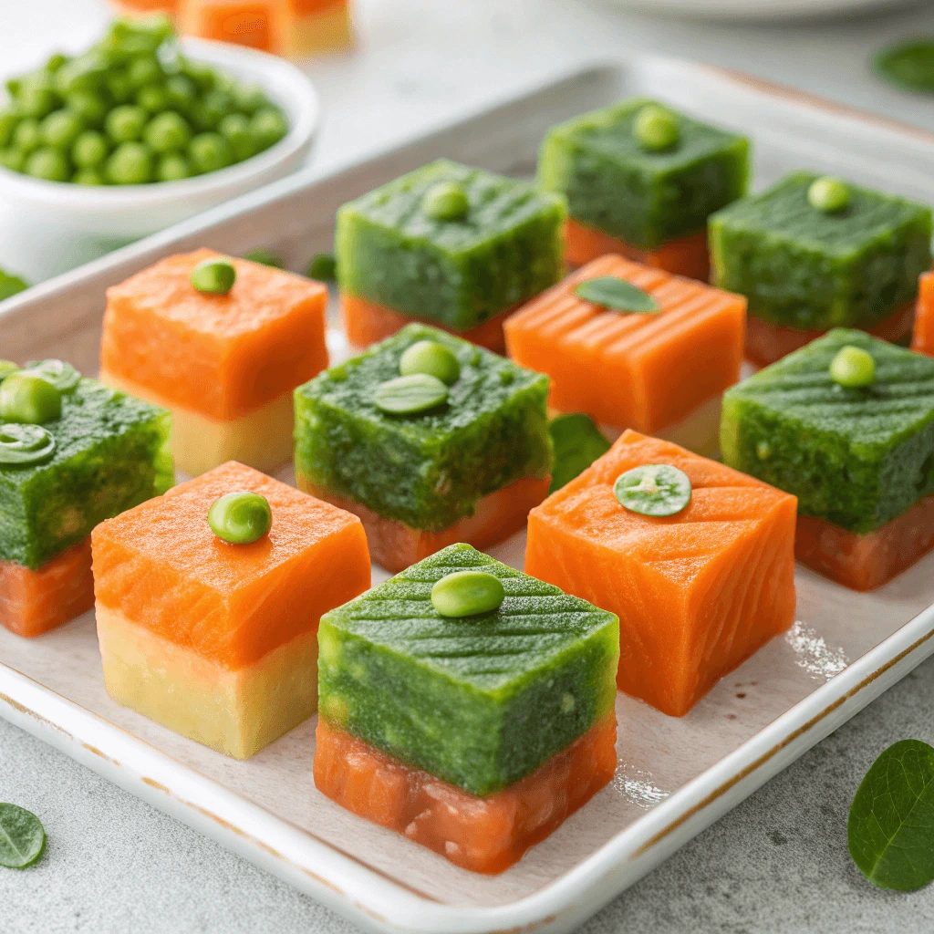 Homemade gelatin-based DIY fish food cubes made with peas, fish flakes, and spirulina.