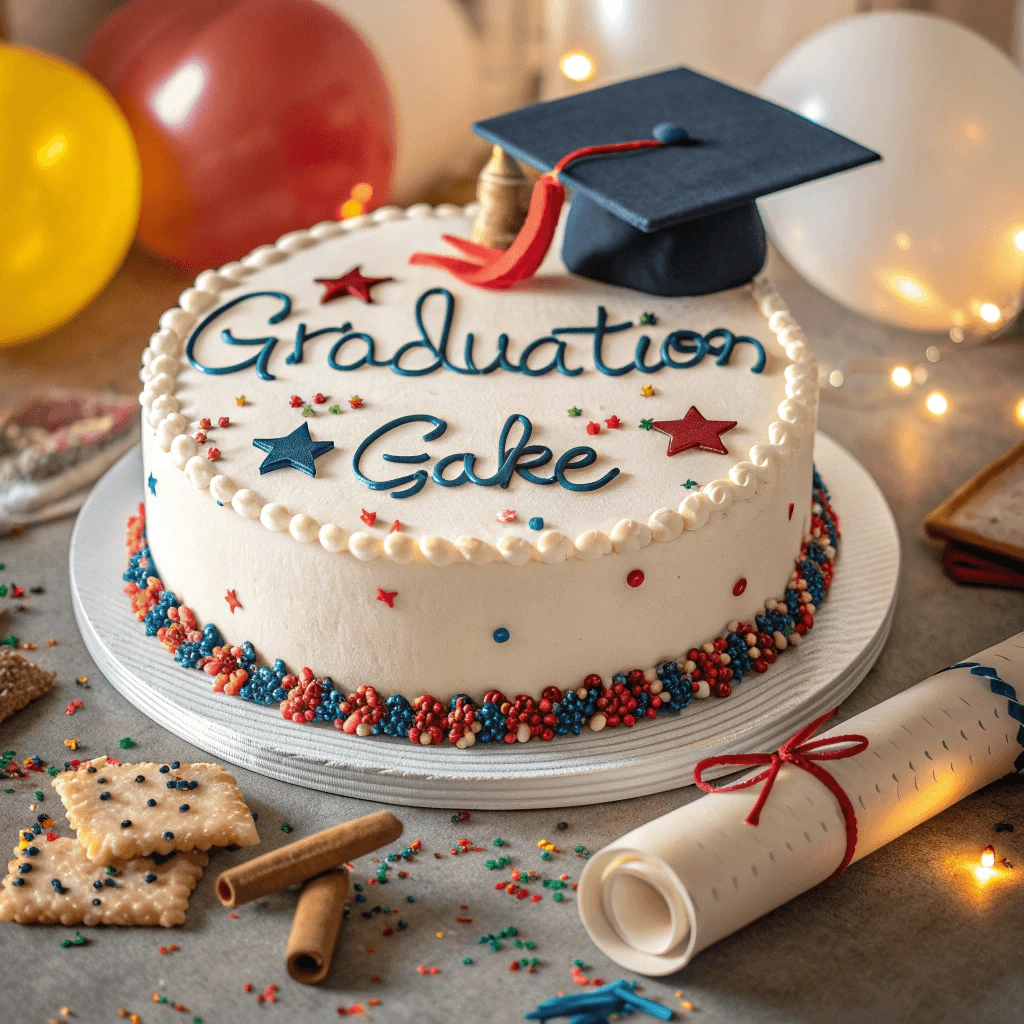 Homemade graduation cake decorated with fondant cap and diploma