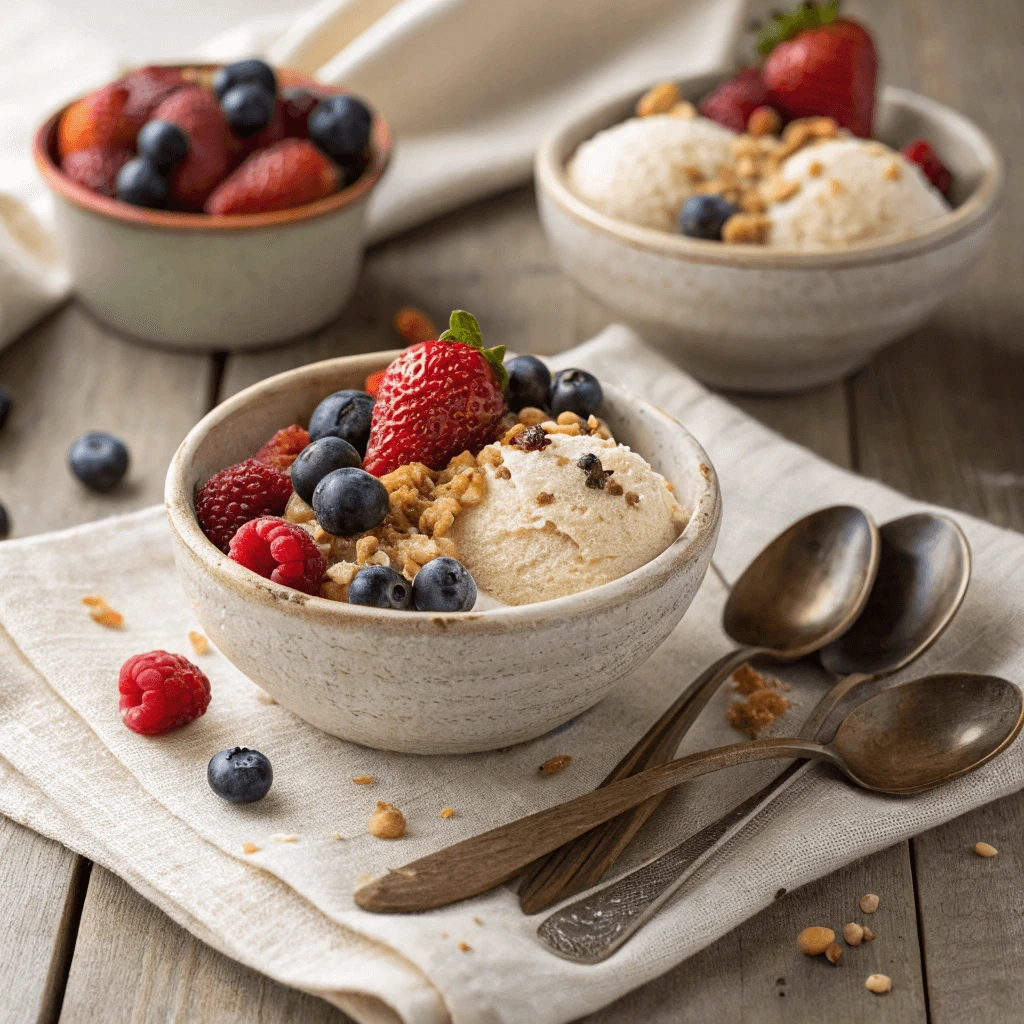 Homemade Journeyman ice cream served in bowls with fresh berries and nuts.