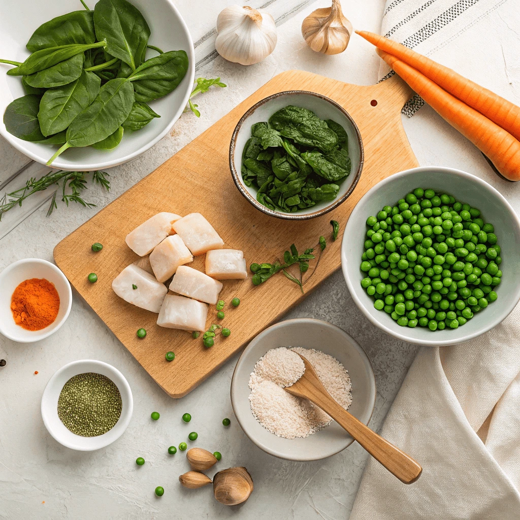 Homemade nutritious fish food ingredients arranged on a countertop.