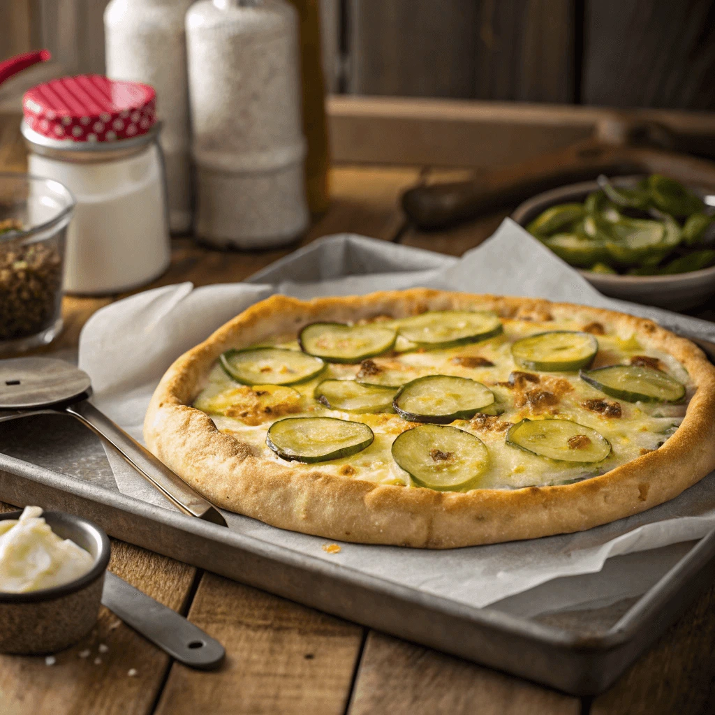 Homemade pickle pie pizza on a rustic baking tray with golden crust