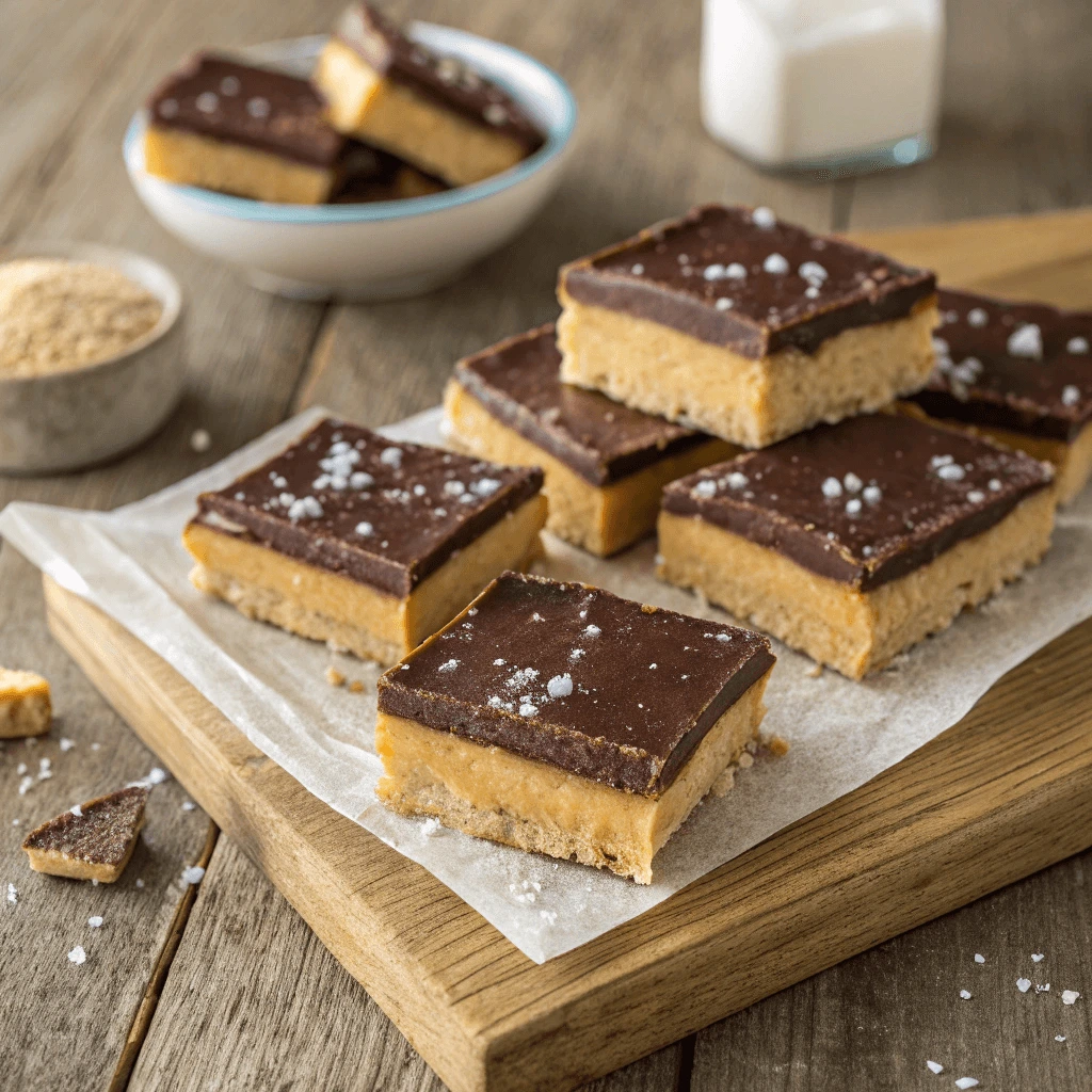 Sugar free chocolate peanut butter bars stacked neatly on parchment paper with a drizzle of chocolate.