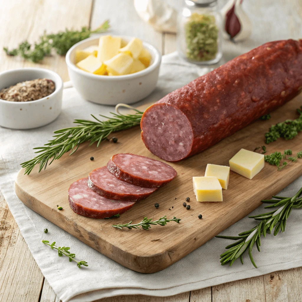 Homemade summer sausage sliced on a wooden cutting board with herbs and cheese.