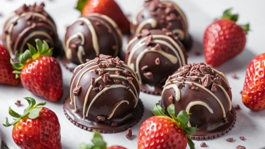 Homemade strawberry bon bons with a modern twist, showcasing their vibrant red color and glossy finish.