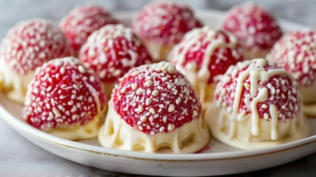 An assortment of strawberry bon bons displayed in a decorative box, ideal for gifting or celebrations