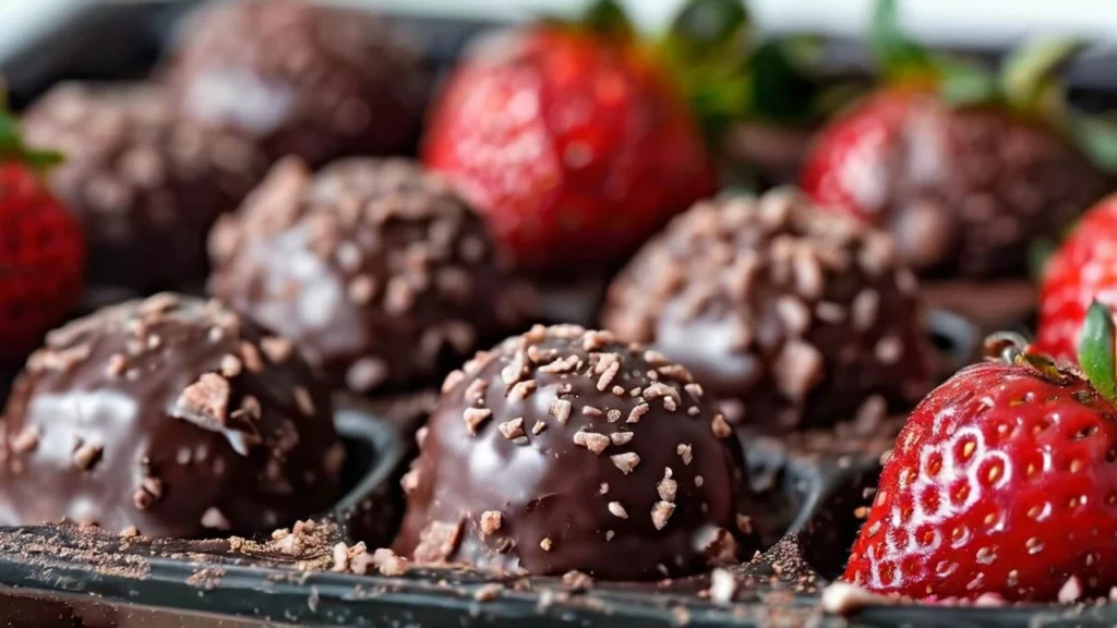 Step-by-step process of shaping strawberry bon bon mixture into bite-sized treats on a parchment-lined tray