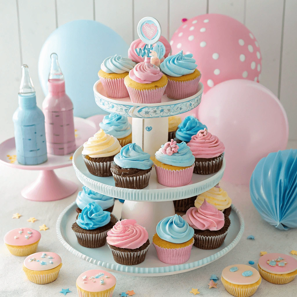 A cupcake tower display for a gender reveal party.
