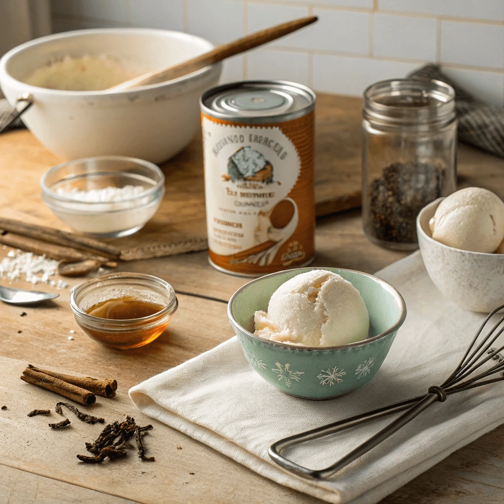 Ingredients for homemade Journeyman ice cream, including coconut milk, maple syrup, and vanilla bean
