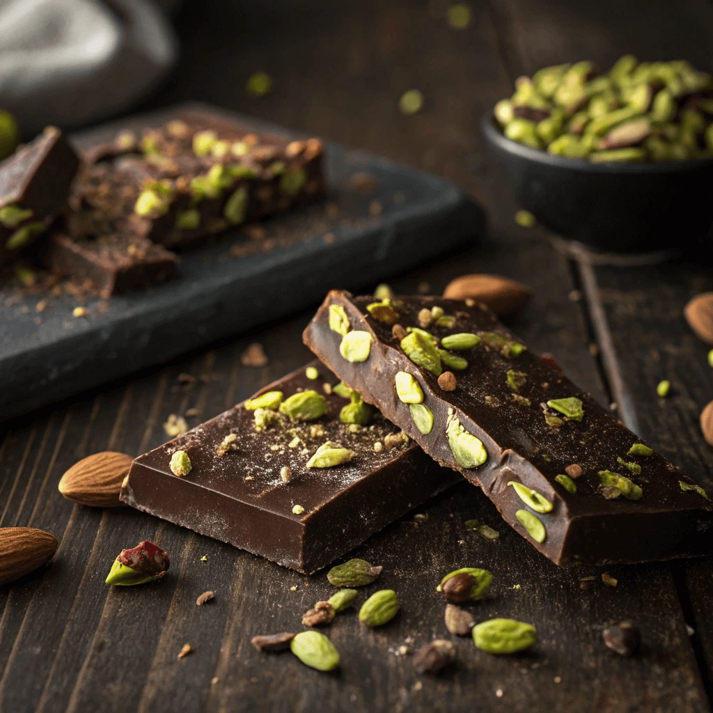 A hand breaking a pistachio chocolate bar, revealing its crunchy pistachio-filled interior.