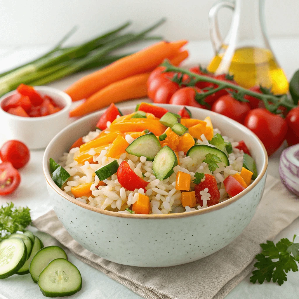 A bowl of rice hack  paired with a colorful fresh salad, featuring cherry tomatoes, cucumber, red onion, and mixed greens, drizzled with a light dressing and garnished with parsley, served on a clean, minimalistic surface.