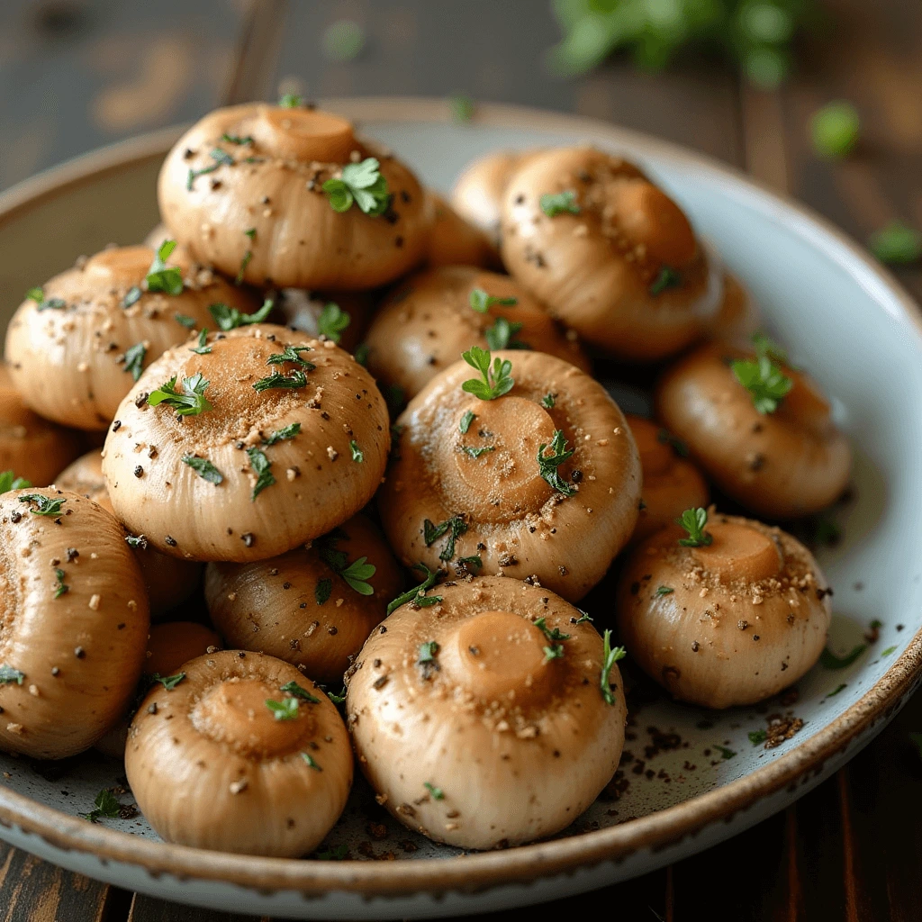 Low-carb button mushrooms arranged on a cutting board.