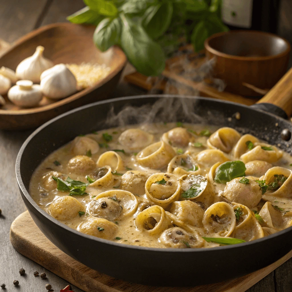 Chef’s hands stirring lumache pasta in a pan with creamy sauce.