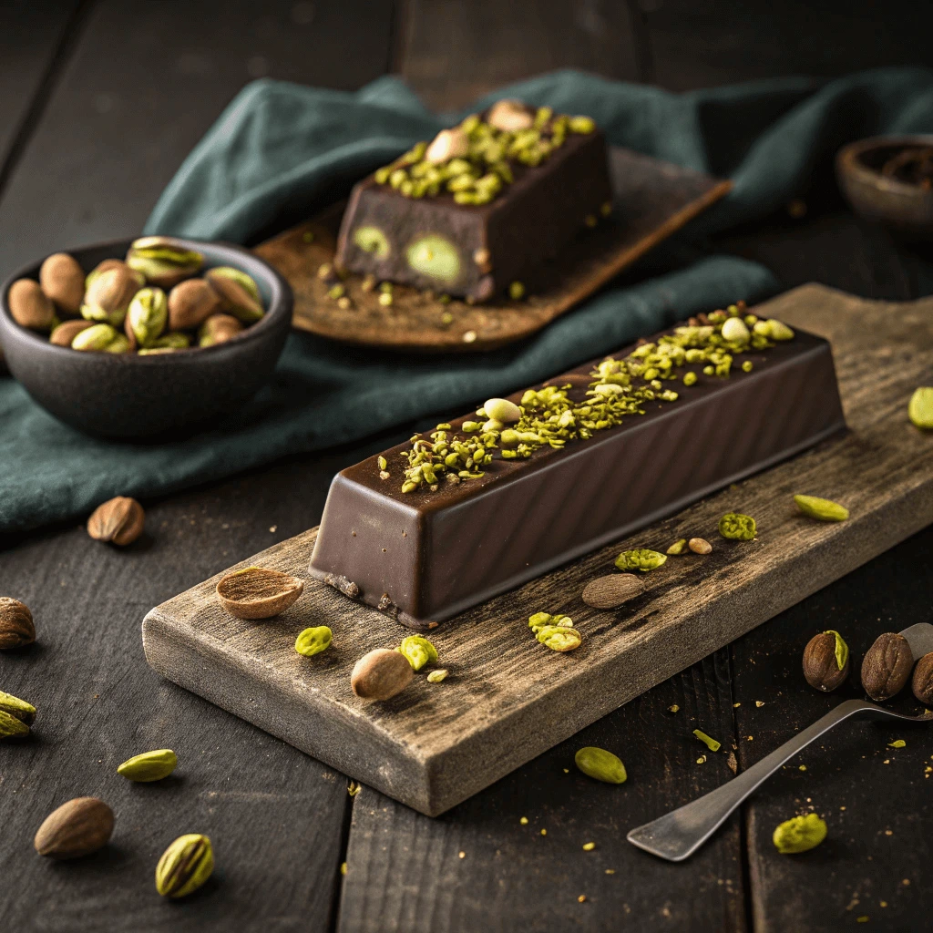 A close-up view of a pistachio chocolate bar with chunks of roasted pistachios visible on top.