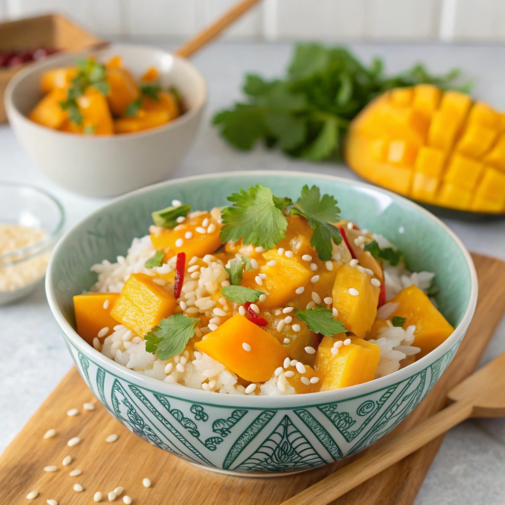 A bowl of rice topped with fresh mango slices, drizzled with coconut milk, and garnished with sesame seeds, served on a wooden surface with a tropical vibe.