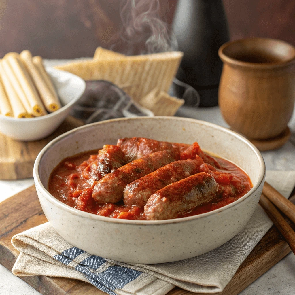  Marinara sauce with hot sausage, creating a flavorful and spicy meal combination.