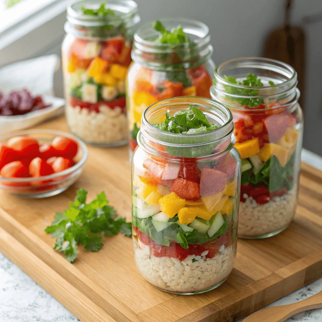 Mason jars filled with layered rice salad, fresh vegetables, and dressing for meal prep.