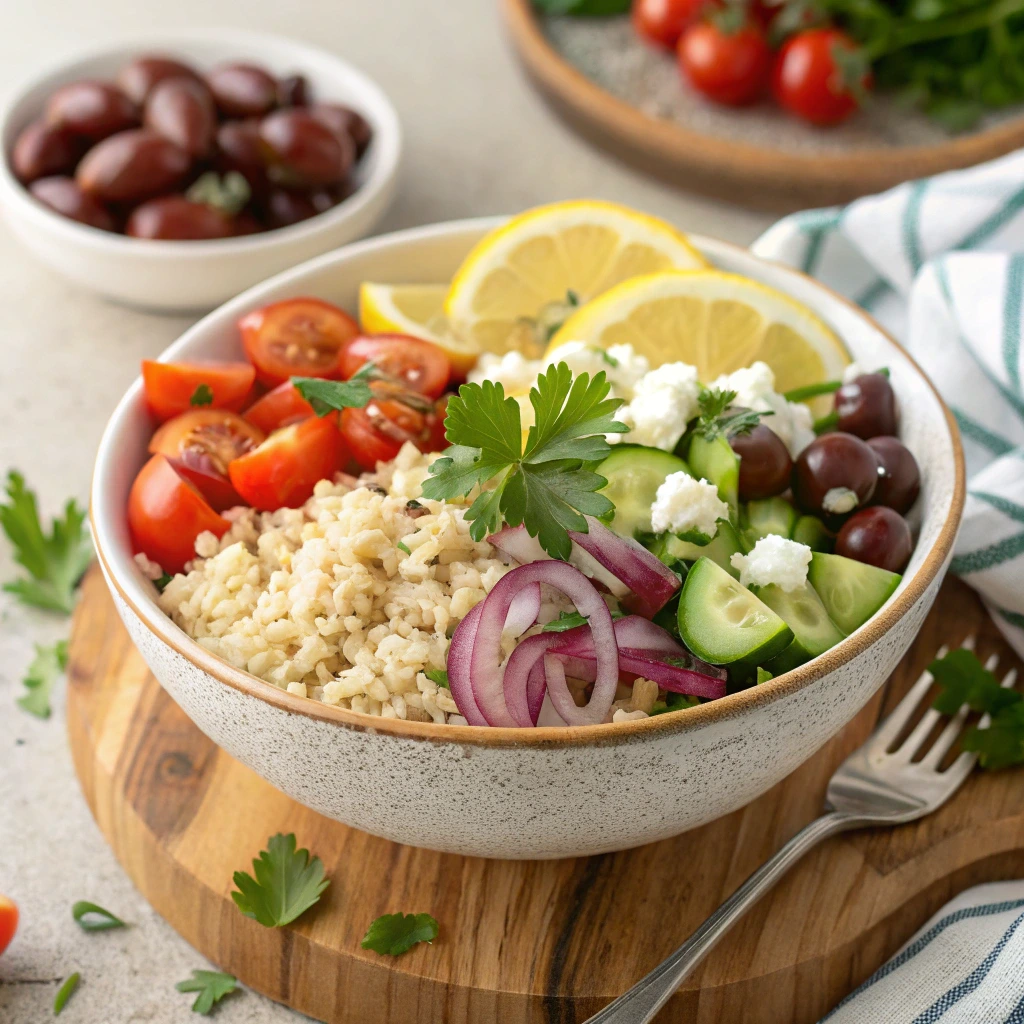 A Mediterranean rice hack bowl with brown rice, cherry tomatoes, cucumber slices, red onion, Kalamata olives, crumbled feta cheese, parsley, and lemon wedges, served in a ceramic bowl on a wooden board.