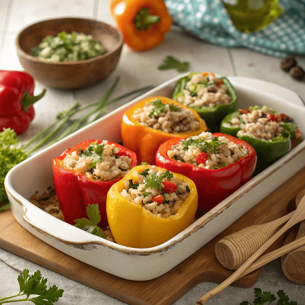 Bell peppers stuffed with savory rice and vegetables, ready to bake.