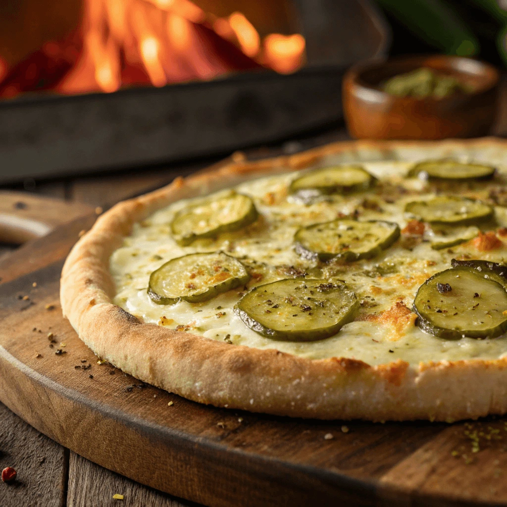 A freshly baked pickle pie pizza with melted cheese and crispy crust.
