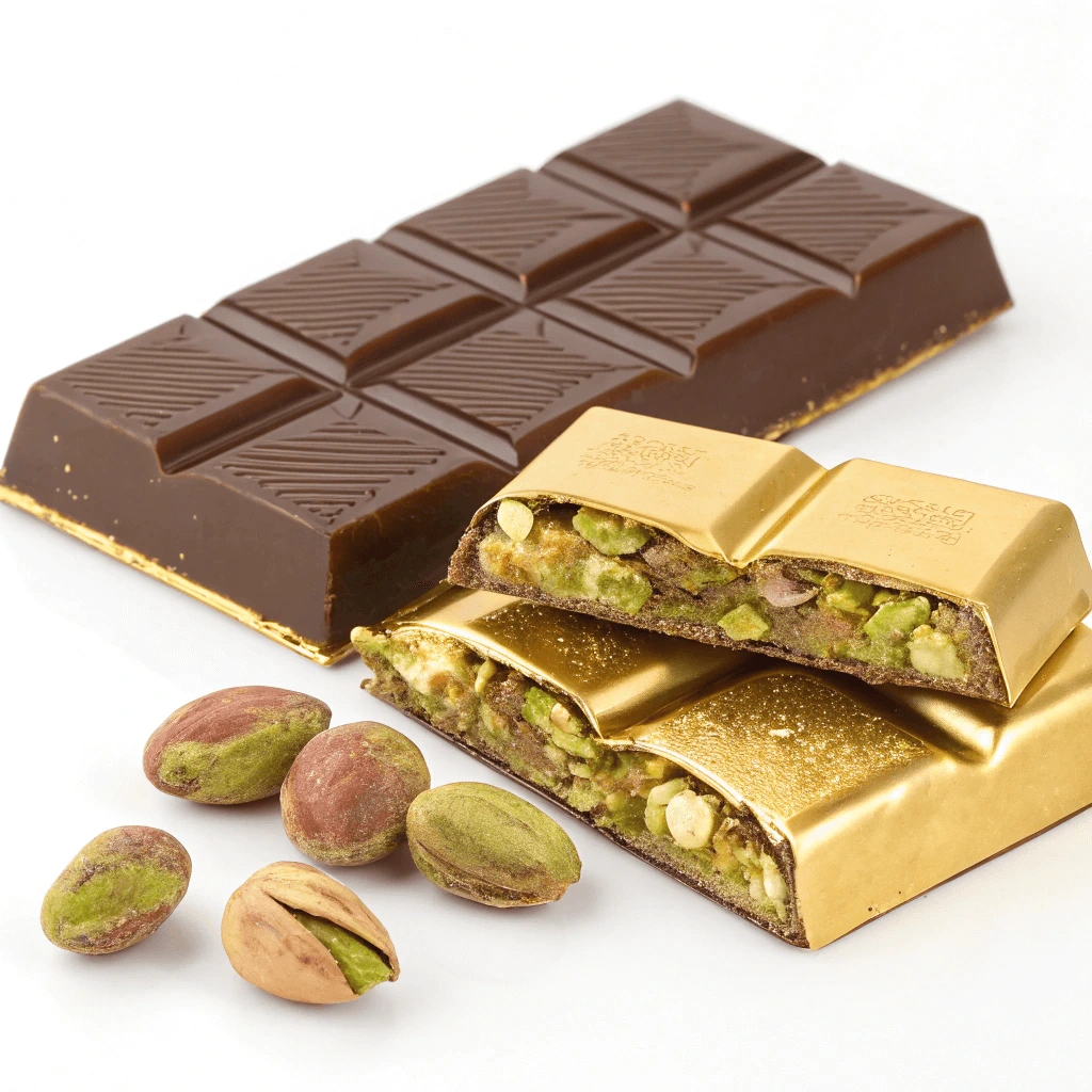 A close-up of a pistachio chocolate bar with whole pistachios embedded in creamy chocolate.