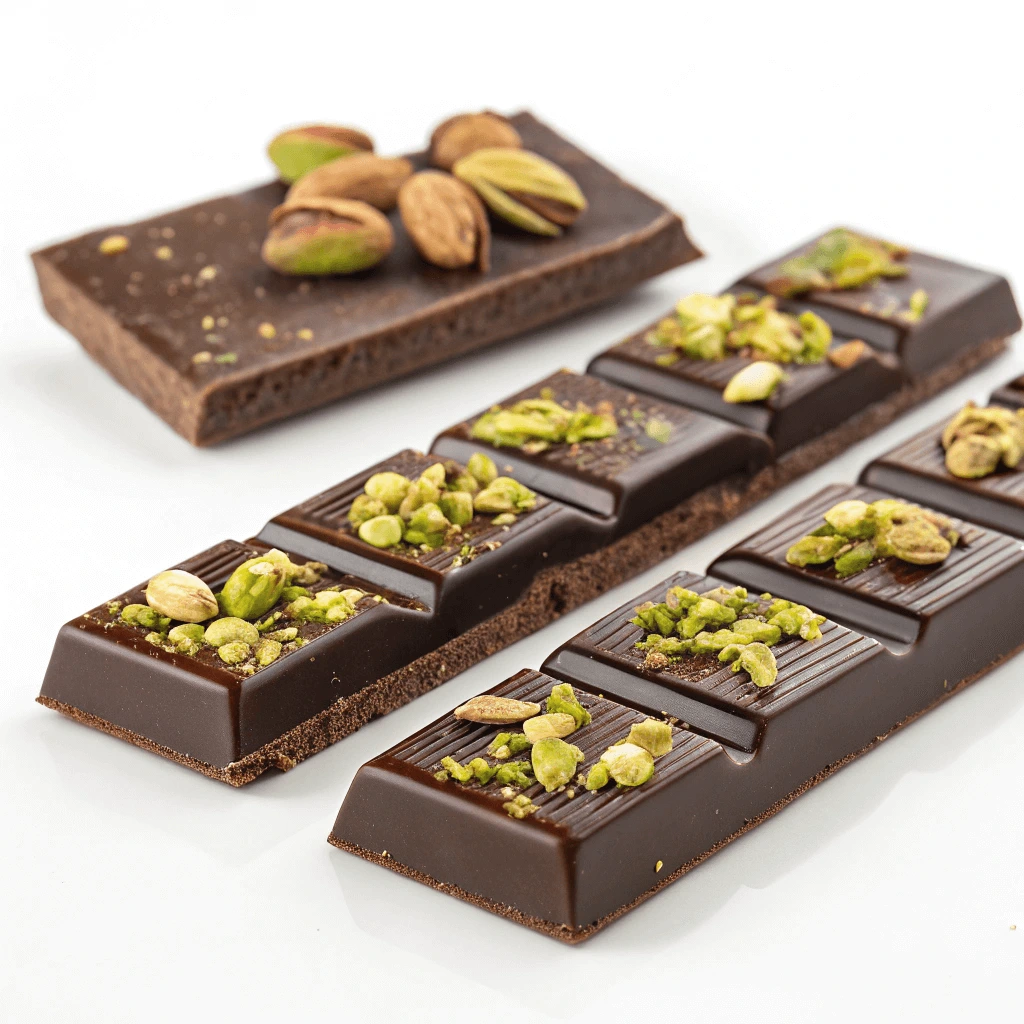 A close-up of a delicious pistachio chocolate bar with whole pistachios embedded in the chocolate.