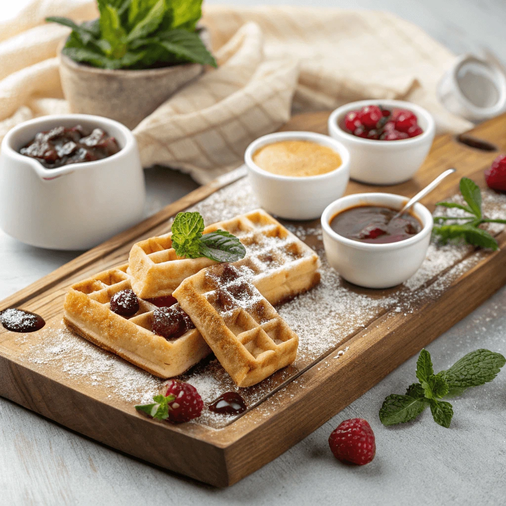 Mini waffle bites made from caramel salt waffle mix served with fruit