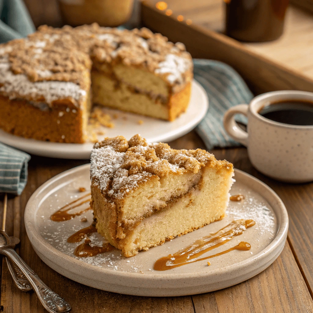 Caramel streusel coffee cake made with caramel salt pancake mix on a white plate