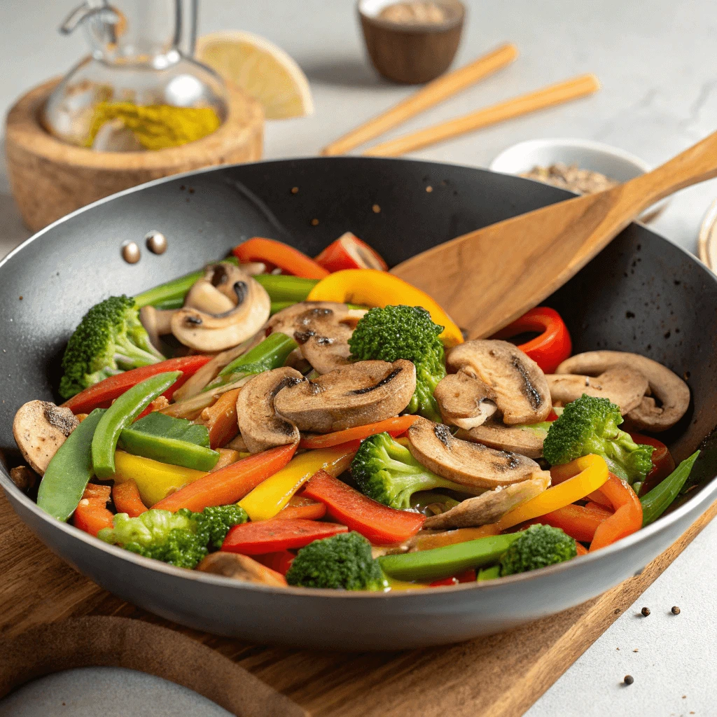 Healthy mushroom stir-fry with button mushrooms and vegetables, served in a bowl