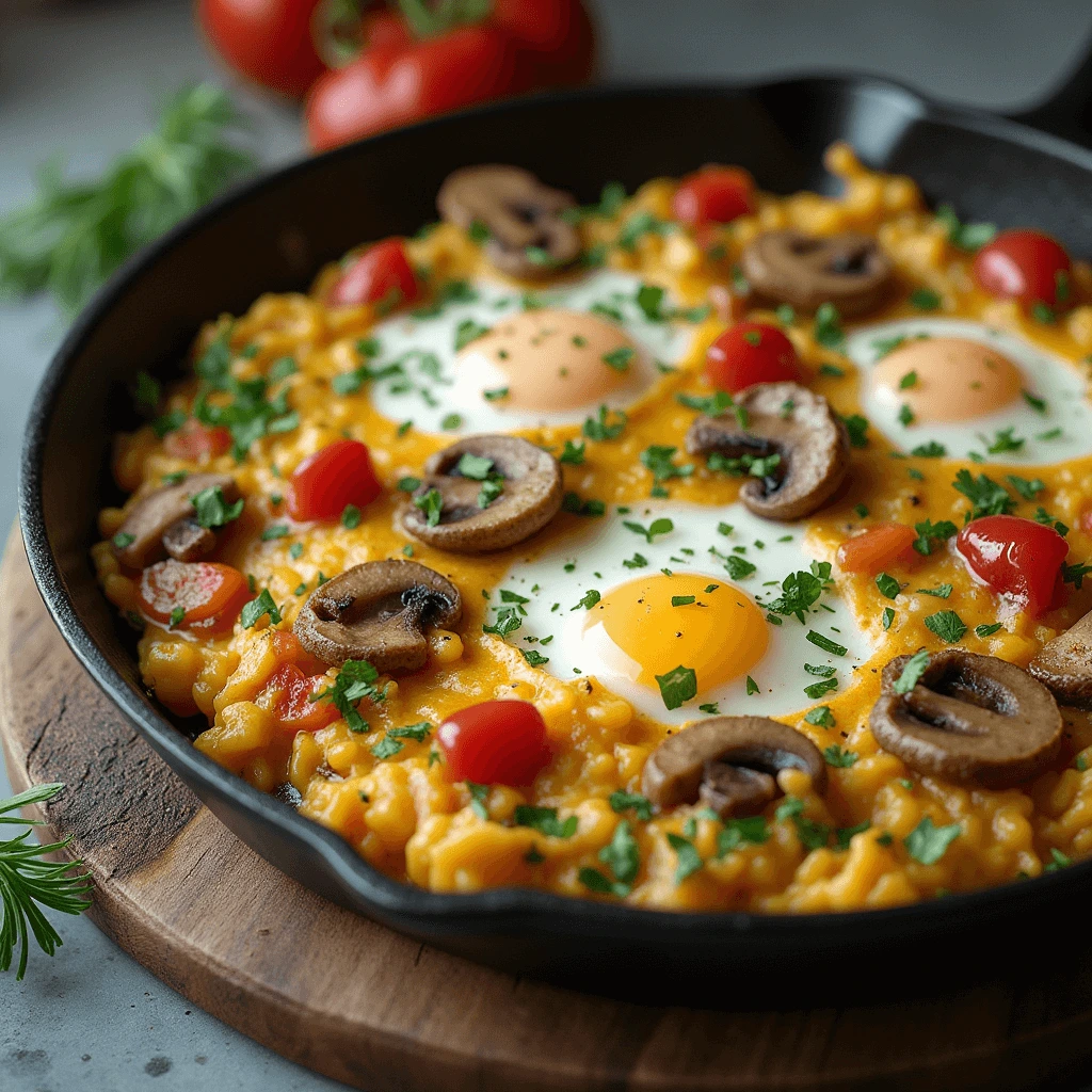 Button mushrooms and eggs scrambled together in a flavorful dish