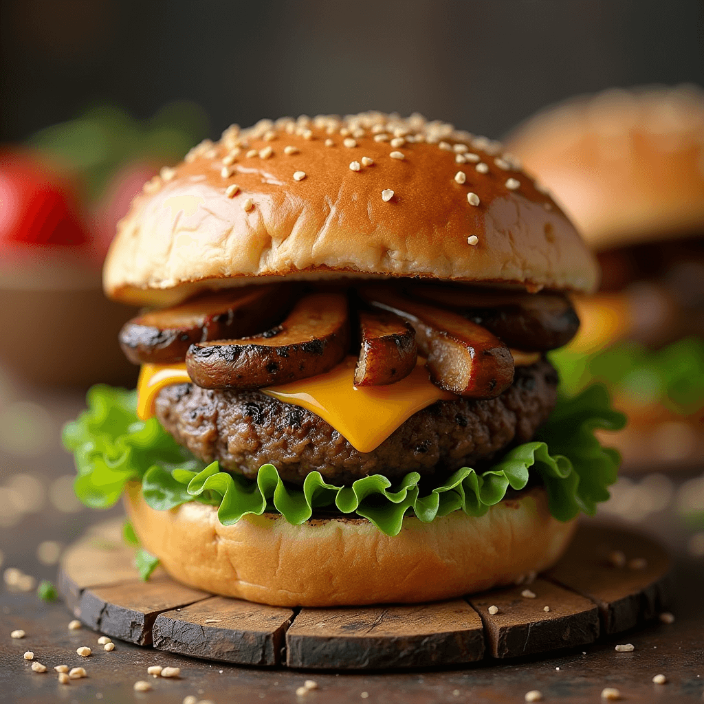 Mushroom burgers with fresh vegetables served on a plate.