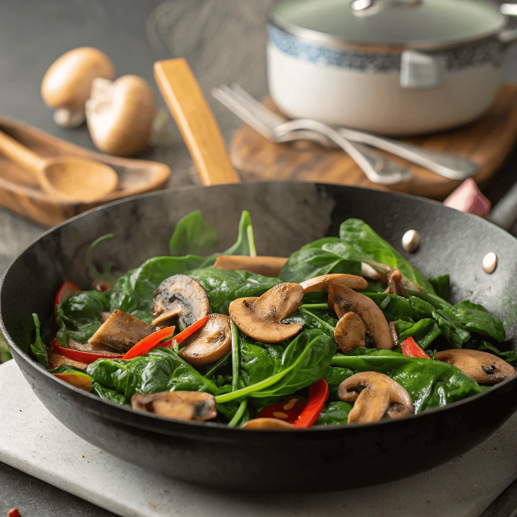 Healthy mushroom and spinach stir-fry served in a pan