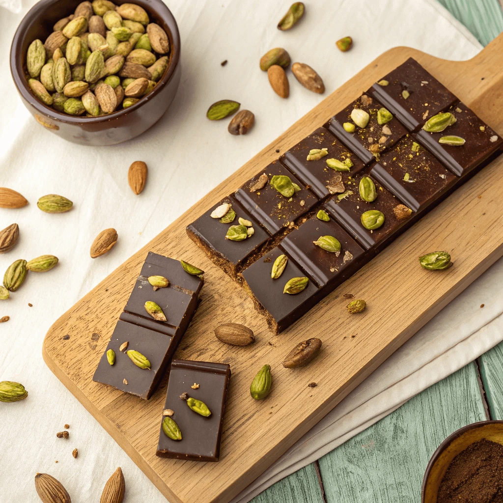 Pistachio chocolate bars arranged neatly on a wooden surface, showcasing the golden green pistachio pieces.