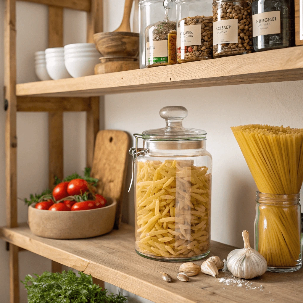 Pantry shelf stocked with various pasta types, featuring lumache prominently.