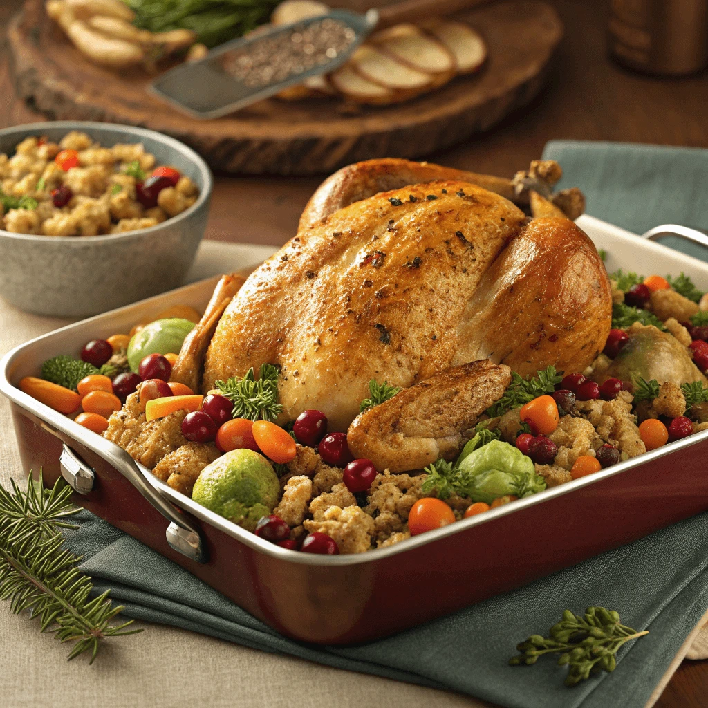 A golden-baked one-pan chicken and dressing dish garnished with fresh herbs, perfect for holiday dinners.