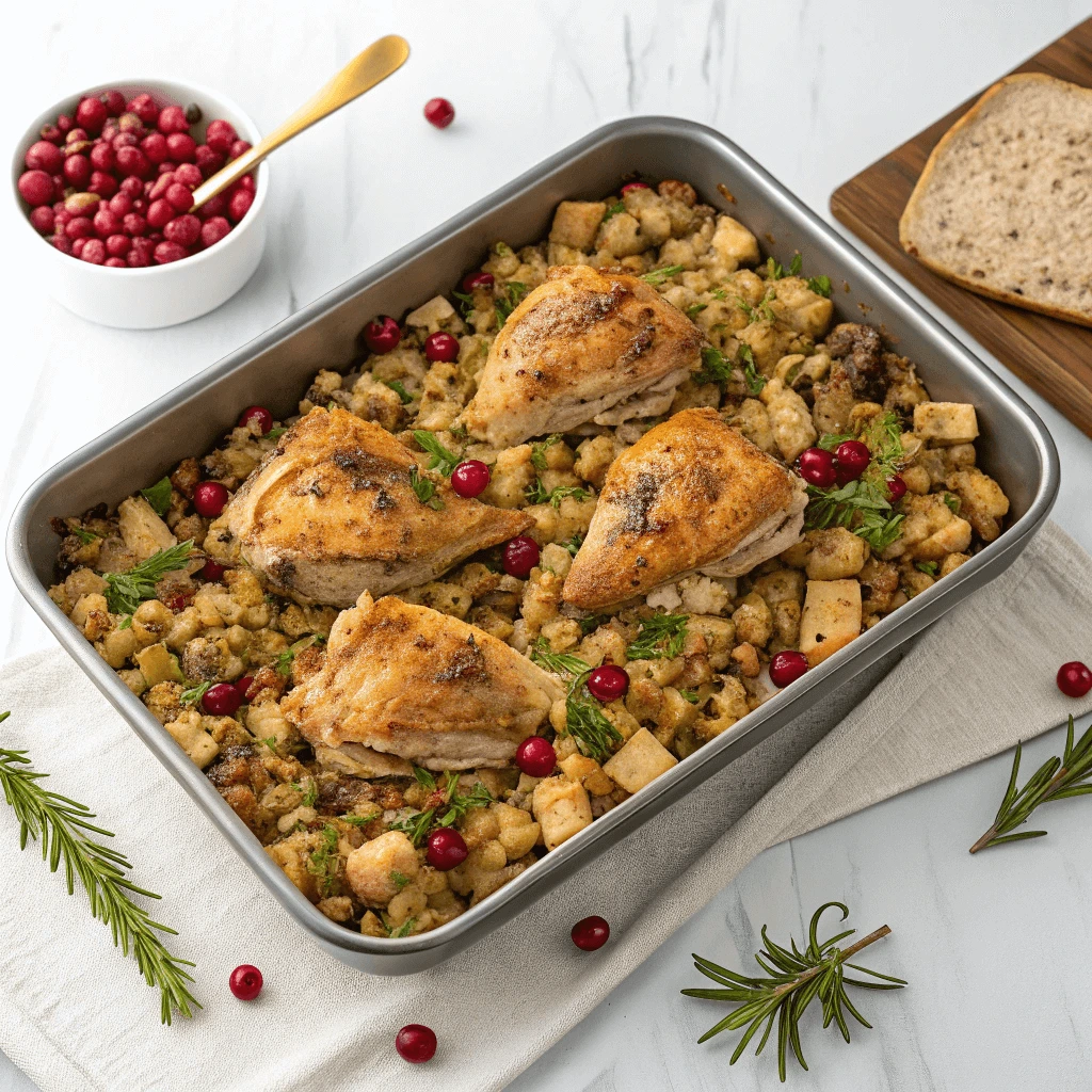 A slice of one-pan chicken and dressing served on a white plate with a side of cranberry sauce.